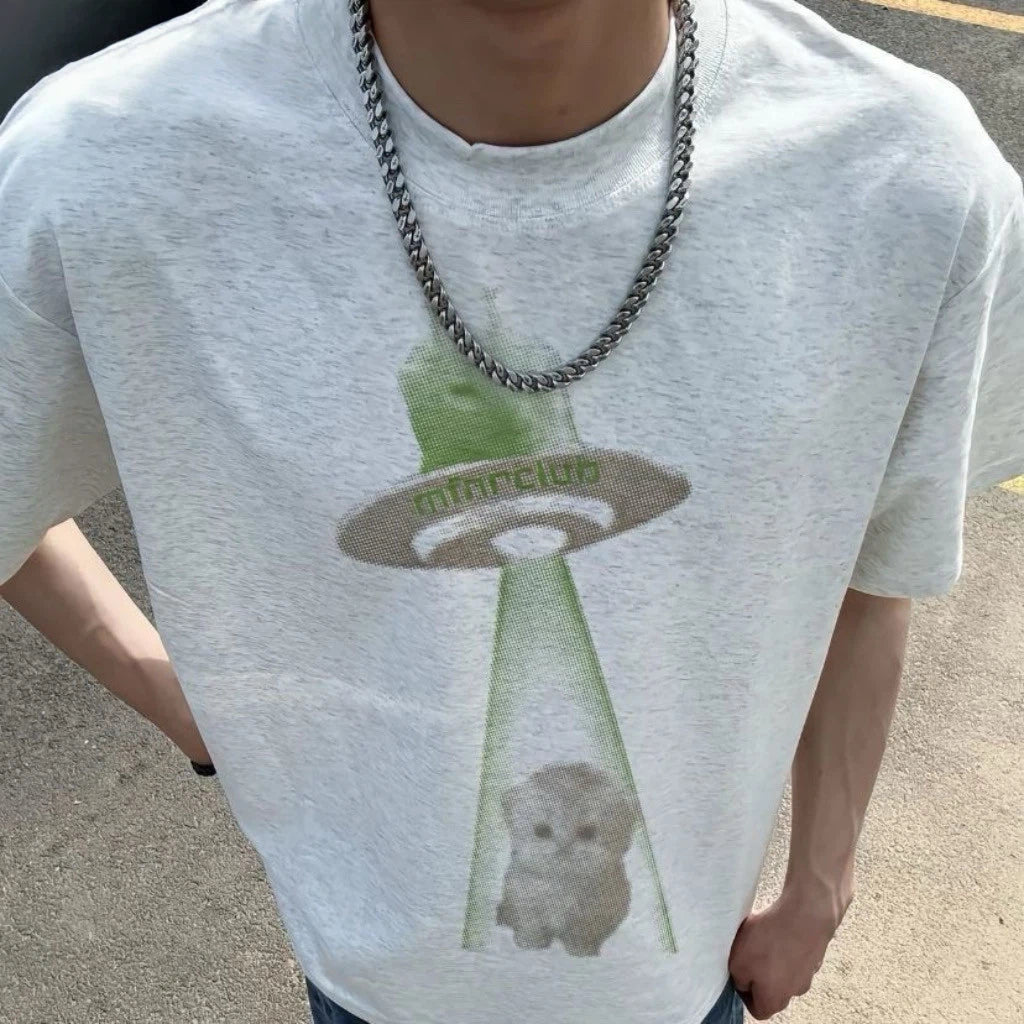 Cotton Alien Cat Print Short-Sleeve T-Shirt