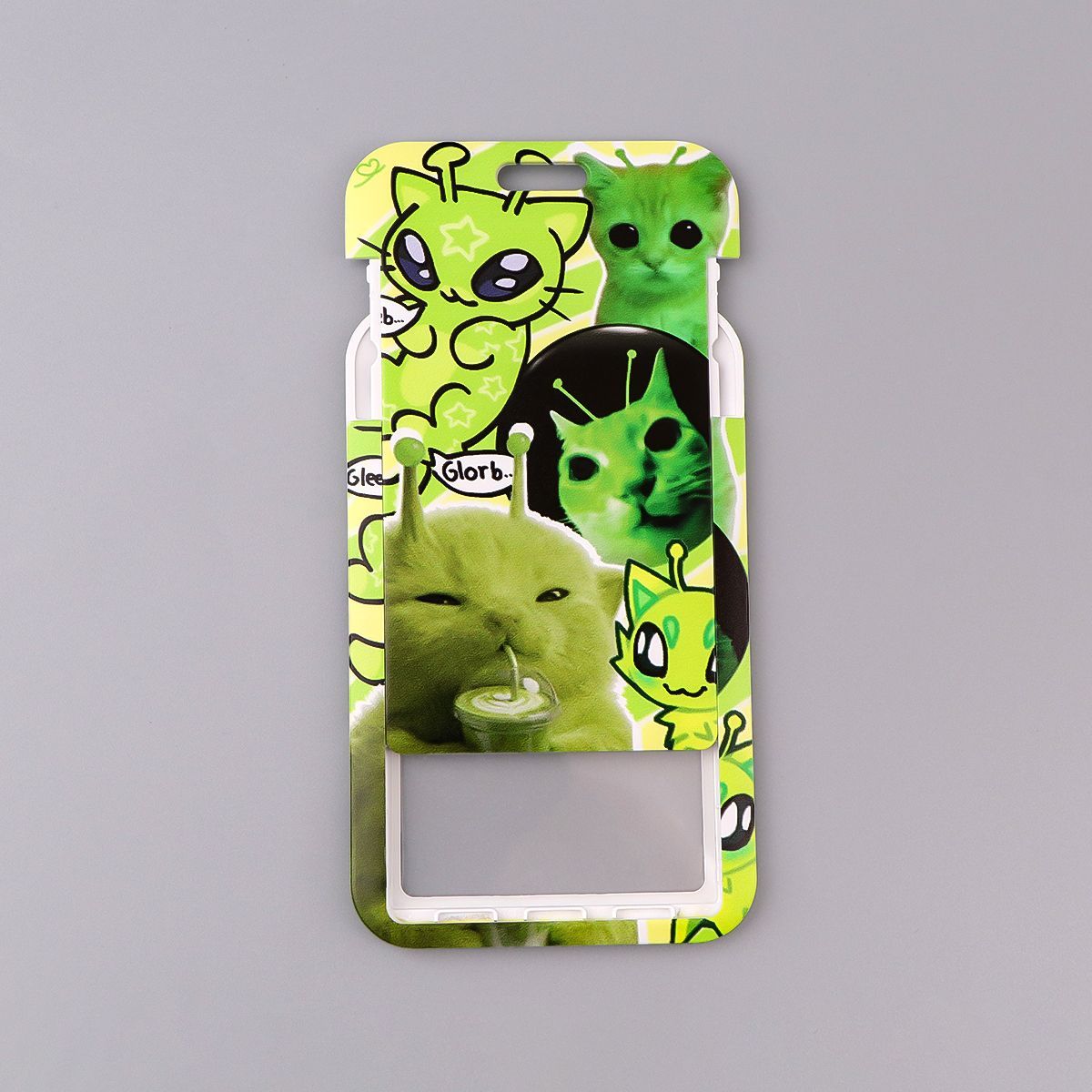 Green Alien Cat Card Holder With Phone Strap