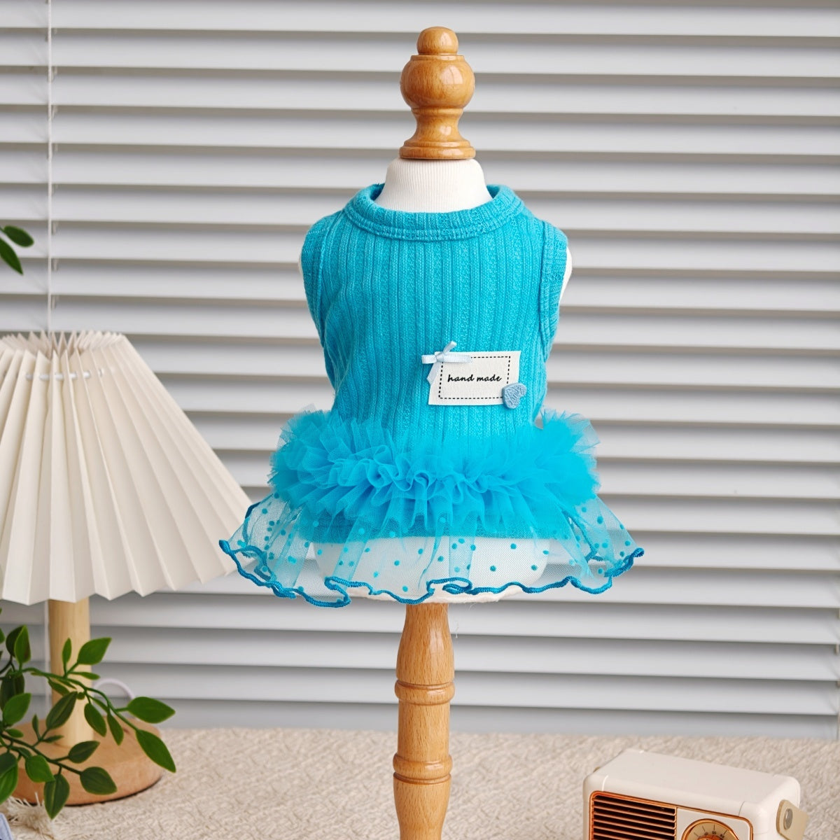 Sweet Blue Mesh Tutu Pet Dress, Soft Knit Princess Outfit for Small Puppies and Cats