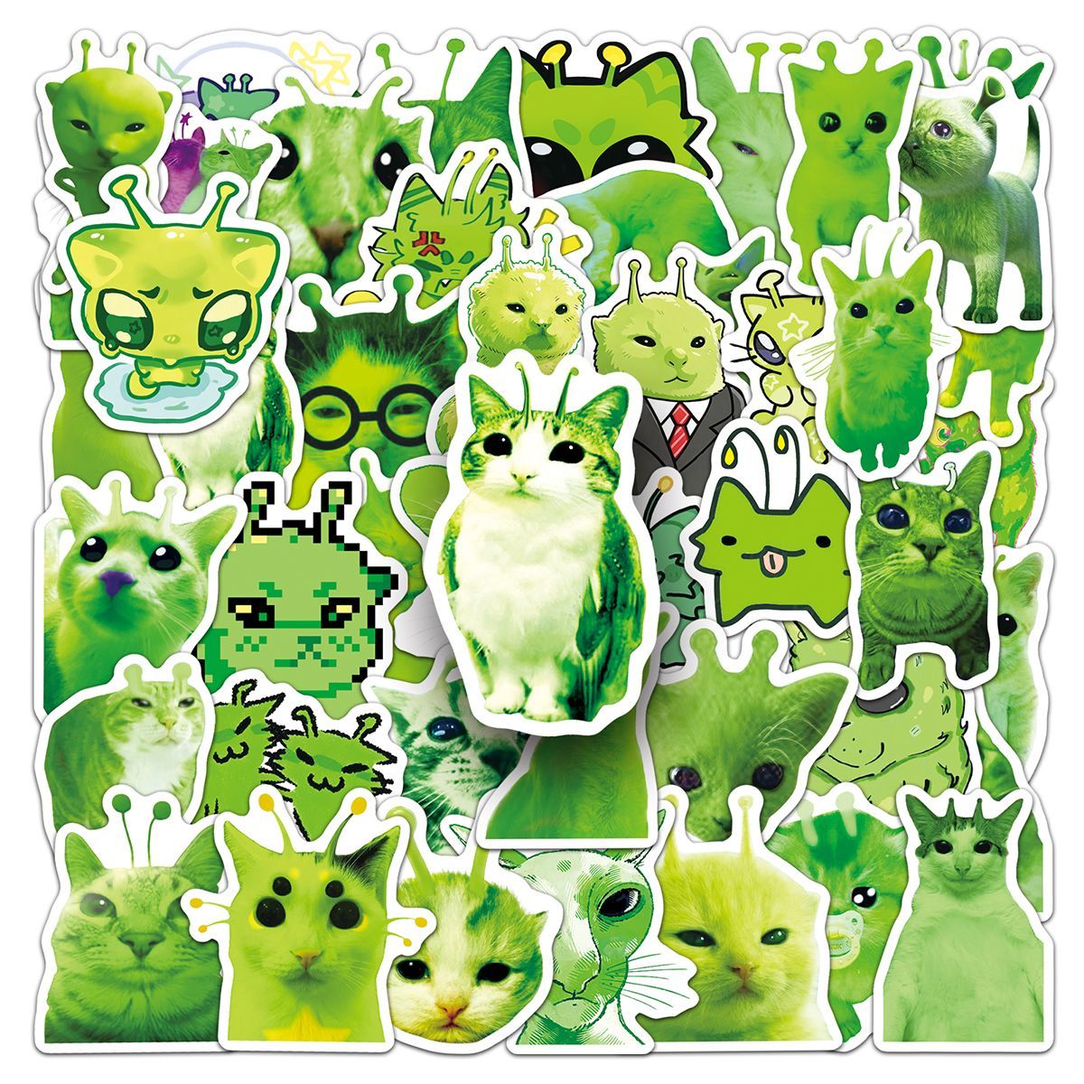 50 abstract alien little green cat stickers