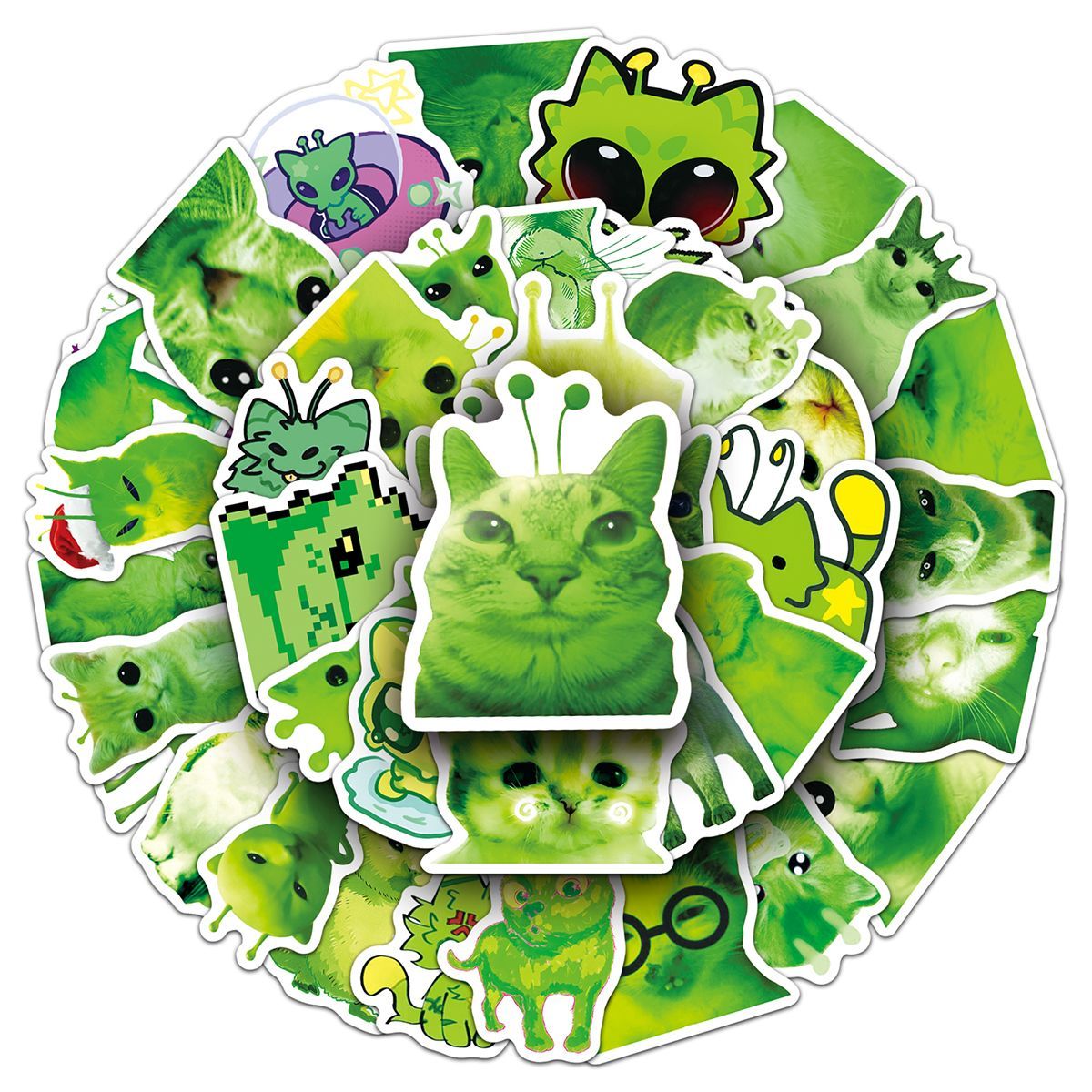 50 abstract alien little green cat stickers
