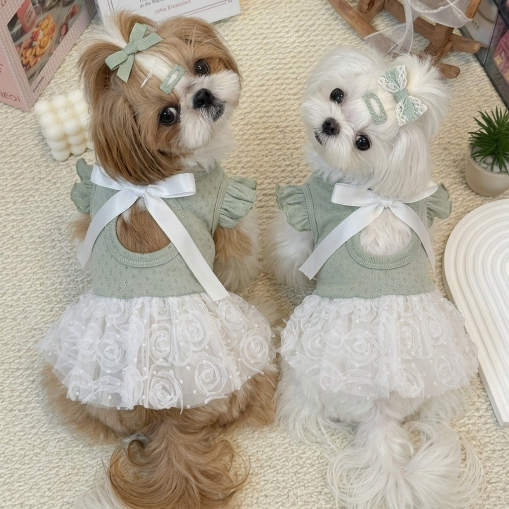 Luxury Elegant Pet Princess Tutu Dress, Back Cutout Knit Top with Rose Tulle Skirt & Big Bow, High-End Gentle Pet Outfit for Small Dogs & Cats Maltese Bichon