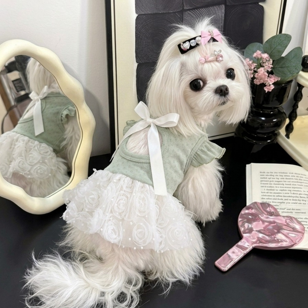 Luxury Elegant Pet Princess Tutu Dress, Back Cutout Knit Top with Rose Tulle Skirt & Big Bow, High-End Gentle Pet Outfit for Small Dogs & Cats Maltese Bichon