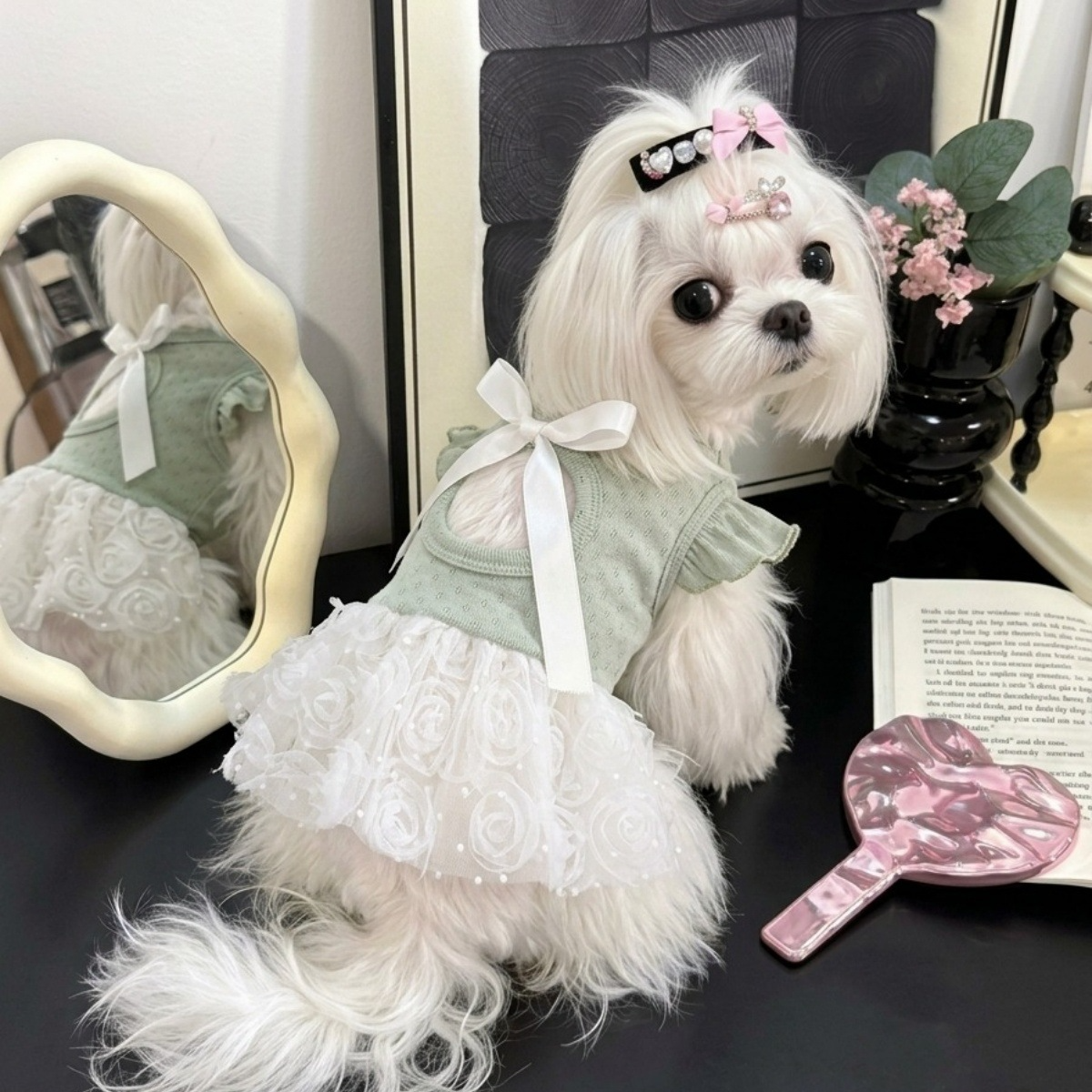 Luxury Elegant Pet Princess Tutu Dress, Back Cutout Knit Top with Rose Tulle Skirt & Big Bow, High-End Gentle Pet Outfit for Small Dogs & Cats Maltese Bichon