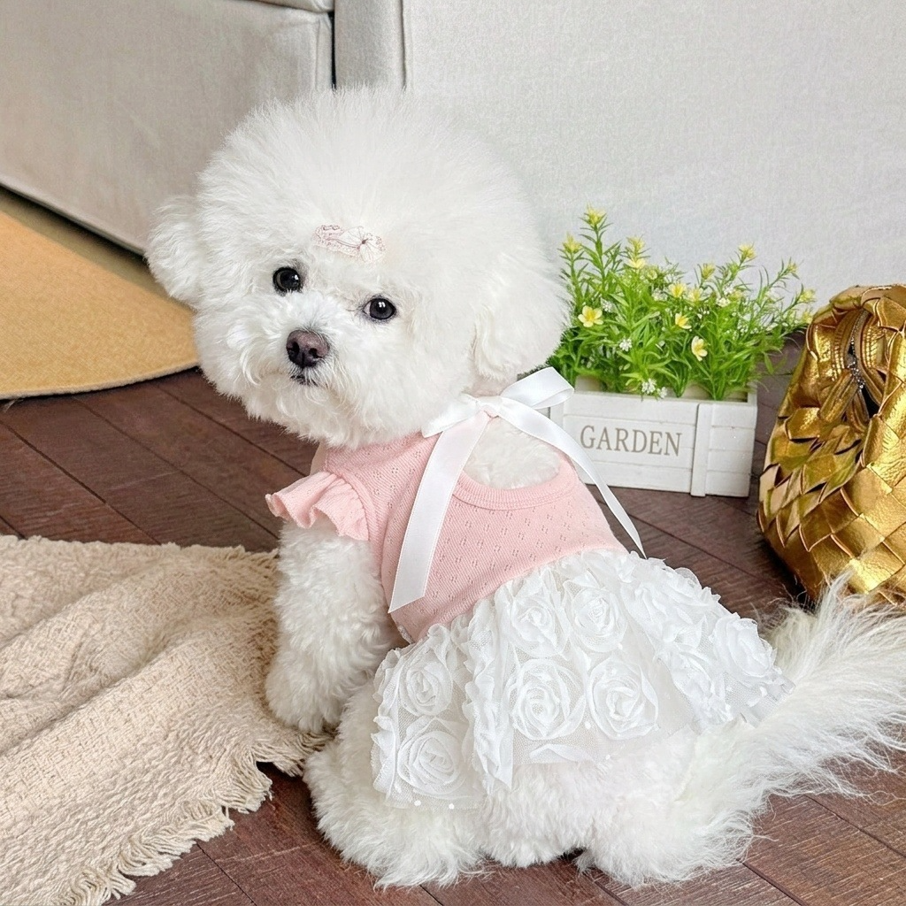 Luxury Elegant Pet Princess Tutu Dress, Back Cutout Knit Top with Rose Tulle Skirt & Big Bow, High-End Gentle Pet Outfit for Small Dogs & Cats Maltese Bichon