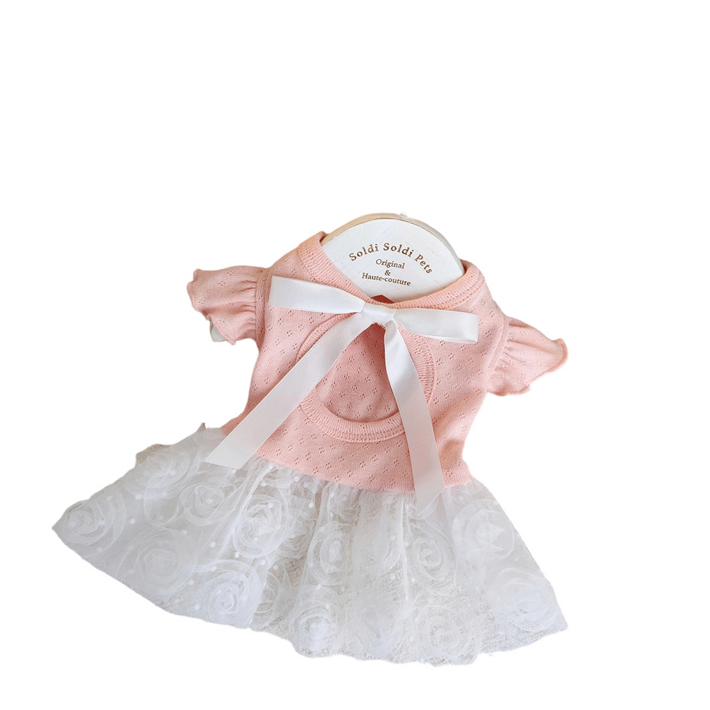 Luxury Elegant Pet Princess Tutu Dress, Back Cutout Knit Top with Rose Tulle Skirt & Big Bow, High-End Gentle Pet Outfit for Small Dogs & Cats Maltese Bichon