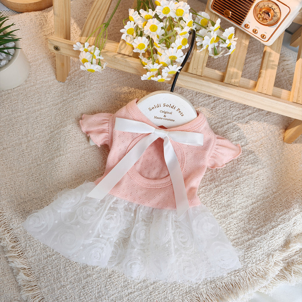 Luxury Elegant Pet Princess Tutu Dress, Back Cutout Knit Top with Rose Tulle Skirt & Big Bow, High-End Gentle Pet Outfit for Small Dogs & Cats Maltese Bichon