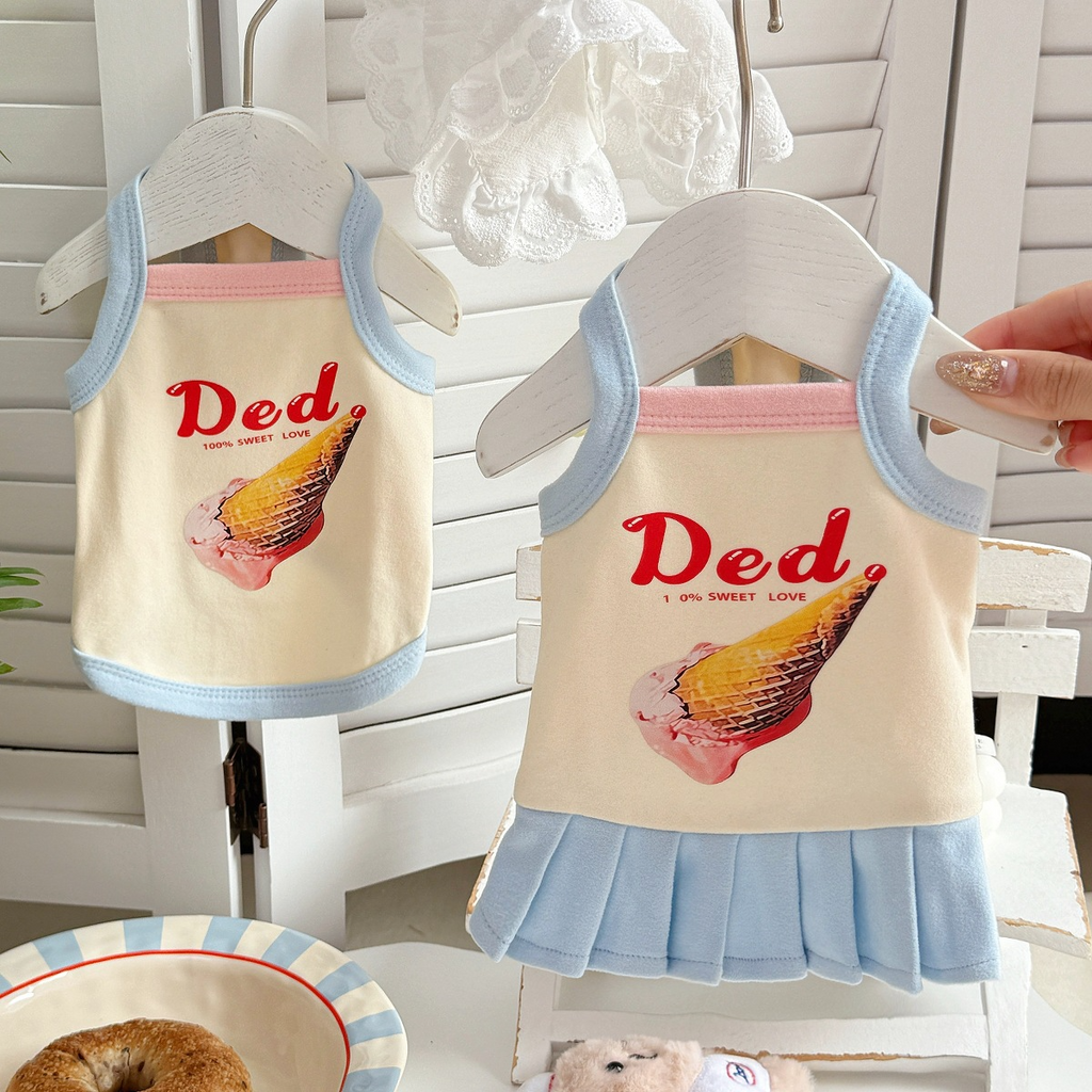 Cute Ice Cream Print Pet Sling Dress, Soft Pleated Skirt Summer Vest for Small Dogs & Kittens Maltese Bichon