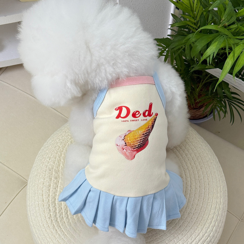 Cute Ice Cream Print Pet Sling Dress, Soft Pleated Skirt Summer Vest for Small Dogs & Kittens Maltese Bichon