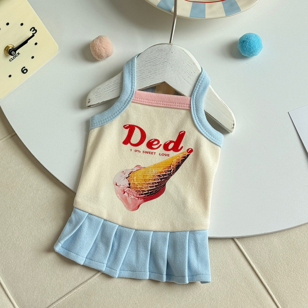 Cute Ice Cream Print Pet Sling Dress, Soft Pleated Skirt Summer Vest for Small Dogs & Kittens Maltese Bichon