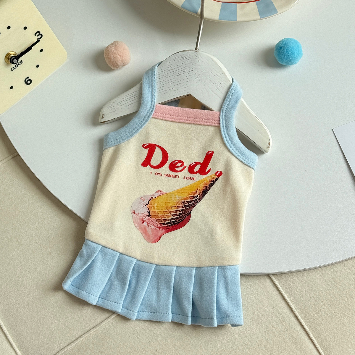 Cute Ice Cream Print Pet Sling Dress, Soft Pleated Skirt Summer Vest for Small Dogs & Kittens Maltese Bichon