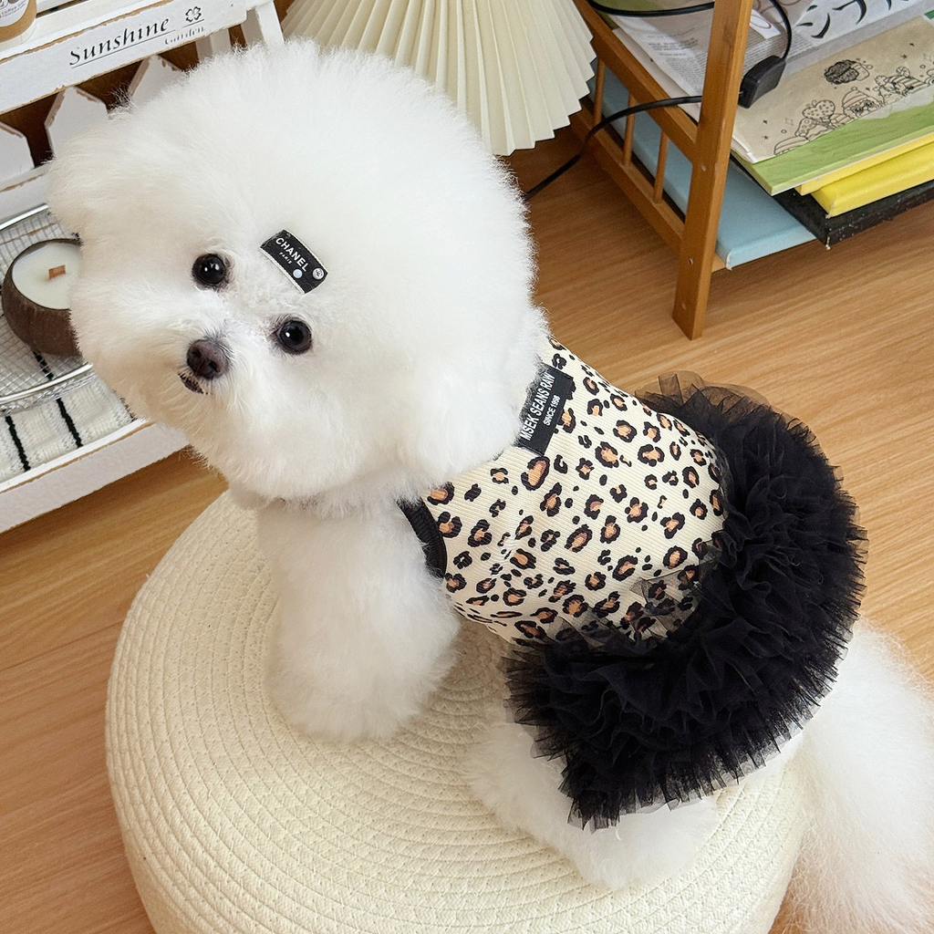 Retro Leopard Print Pet Tutu Dress, Sleeveless Ribbed Tank Top with Black Fluffy Tulle Skirt, Cool Summer Outfit for Small Dogs & Cats Maltese Bichon