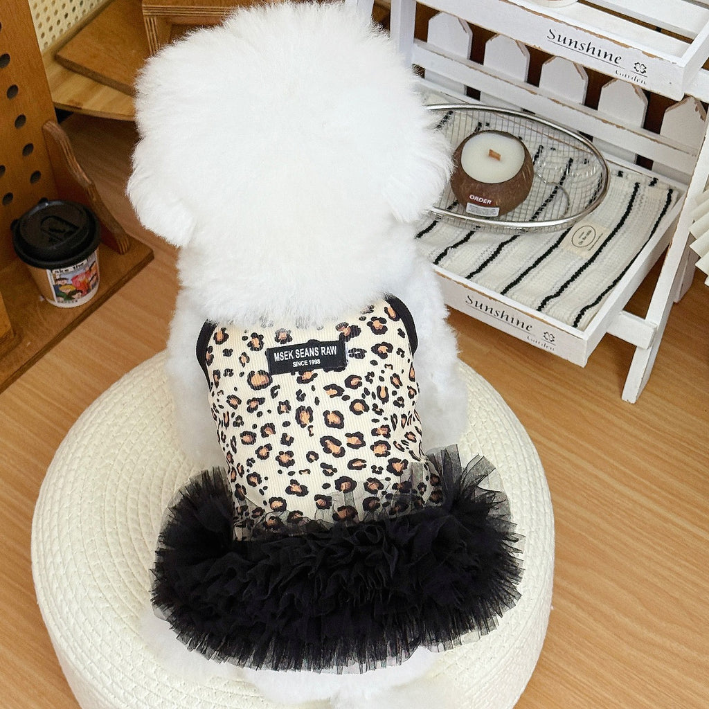 Retro Leopard Print Pet Tutu Dress, Sleeveless Ribbed Tank Top with Black Fluffy Tulle Skirt, Cool Summer Outfit for Small Dogs & Cats Maltese Bichon
