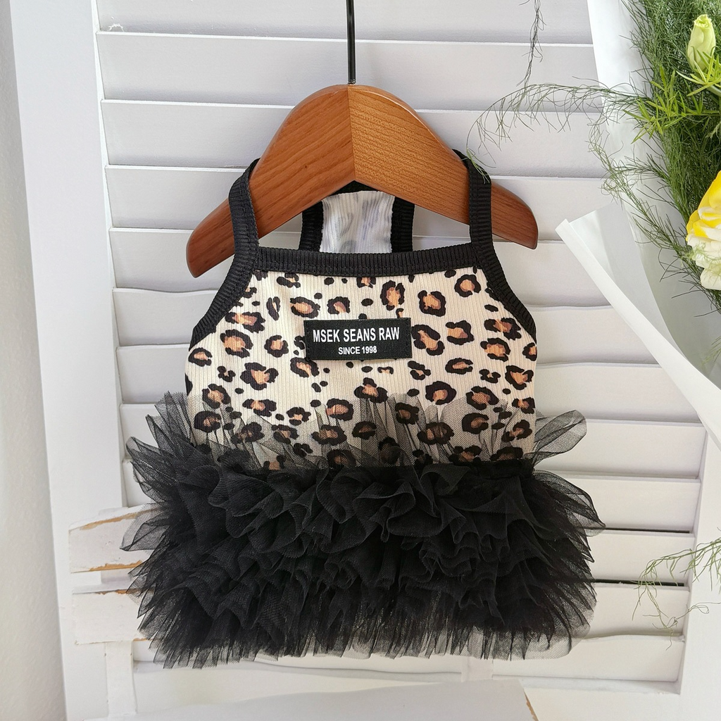 Retro Leopard Print Pet Tutu Dress, Sleeveless Ribbed Tank Top with Black Fluffy Tulle Skirt, Cool Summer Outfit for Small Dogs & Cats Maltese Bichon