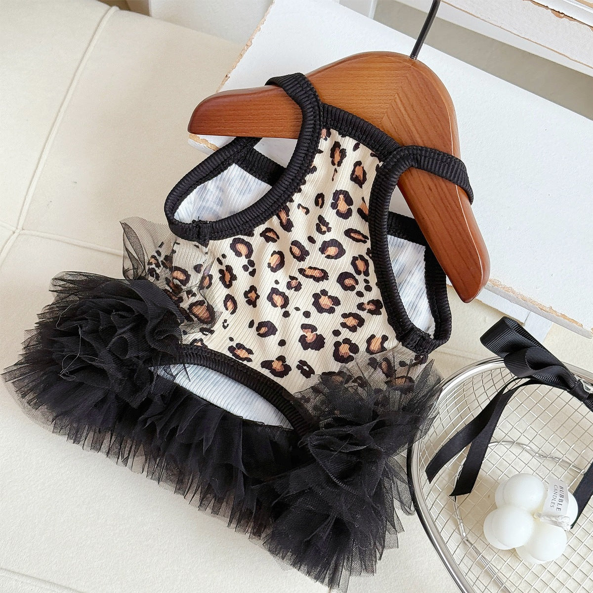 Retro Leopard Print Pet Tutu Dress, Sleeveless Ribbed Tank Top with Black Fluffy Tulle Skirt, Cool Summer Outfit for Small Dogs & Cats Maltese Bichon