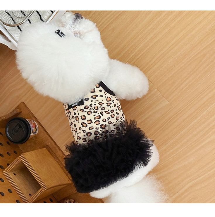 Retro Leopard Print Pet Tutu Dress, Sleeveless Ribbed Tank Top with Black Fluffy Tulle Skirt, Cool Summer Outfit for Small Dogs & Cats Maltese Bichon