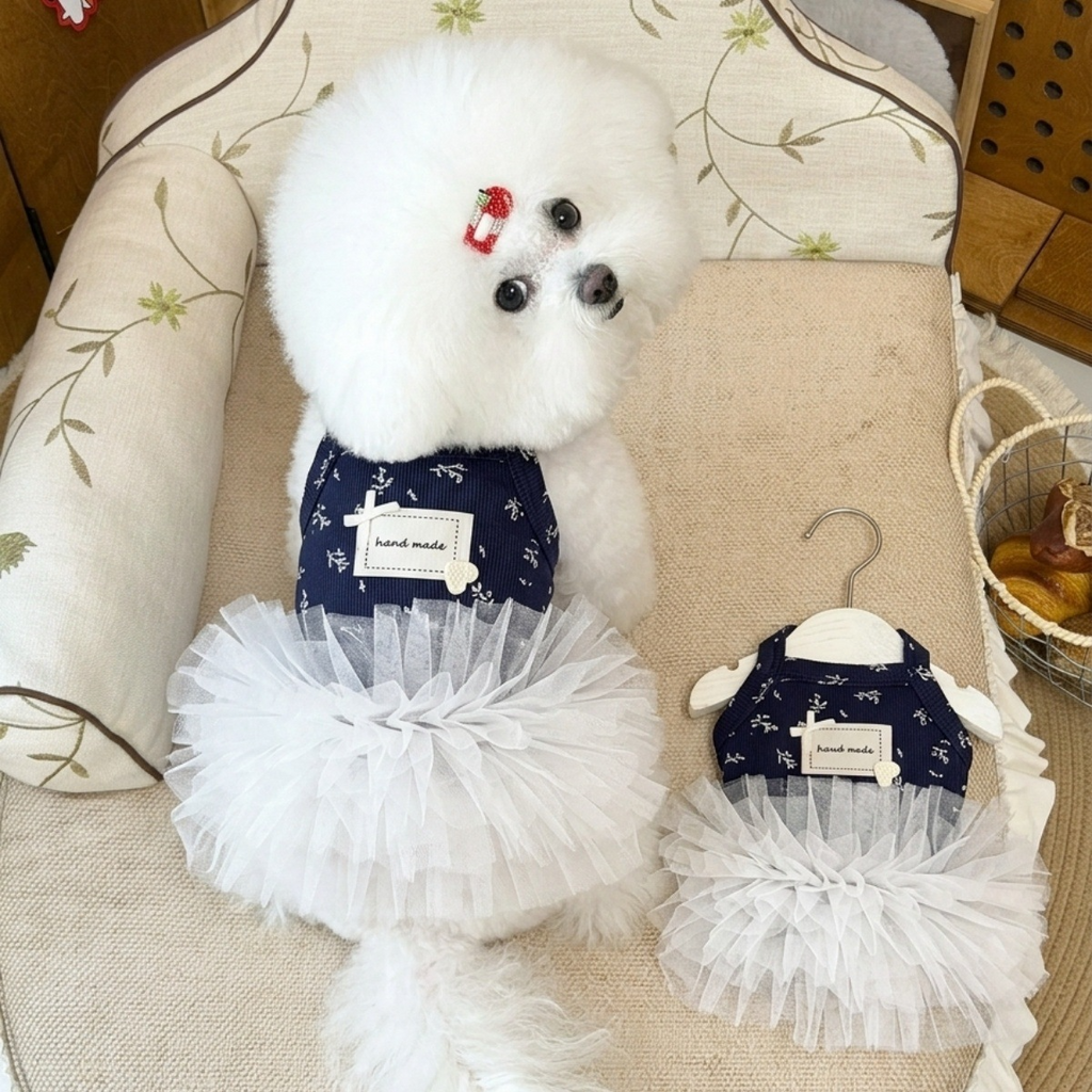 Navy Floral Print Pet Sling Tutu Dress, Soft Ribbed Tank Top with Fluffy White Tulle Skirt, Summer Princess Outfit for Small Dogs & Kittens Maltese Bichon