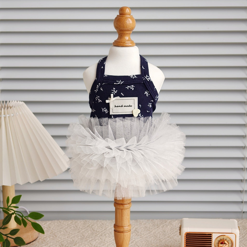 Navy Floral Print Pet Sling Tutu Dress, Soft Ribbed Tank Top with Fluffy White Tulle Skirt, Summer Princess Outfit for Small Dogs & Kittens Maltese Bichon