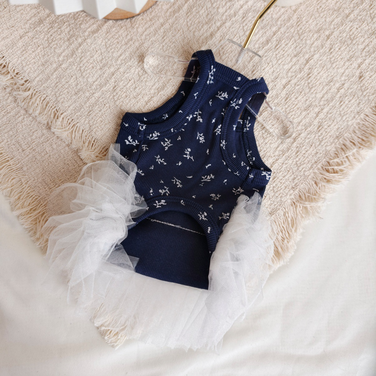 Navy Floral Print Pet Sling Tutu Dress, Soft Ribbed Tank Top with Fluffy White Tulle Skirt, Summer Princess Outfit for Small Dogs & Kittens Maltese Bichon