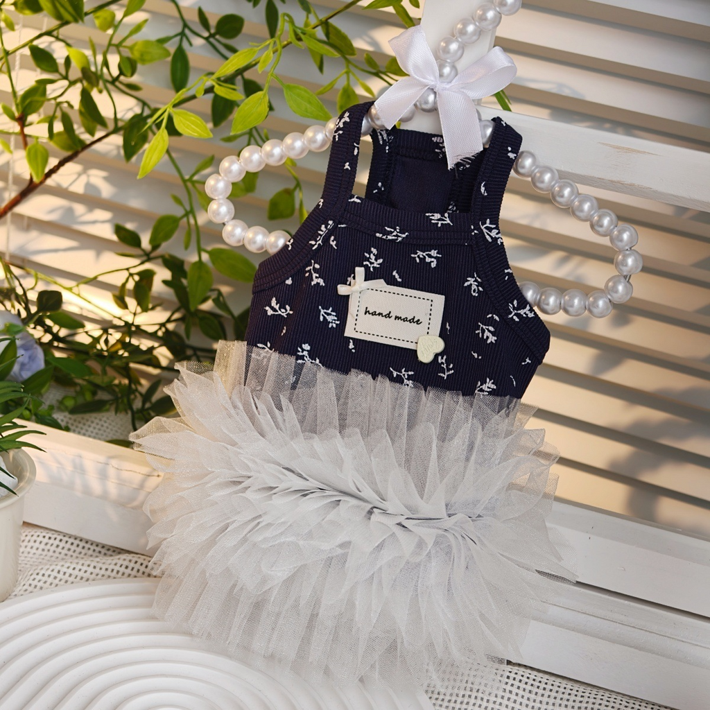 Navy Floral Print Pet Sling Tutu Dress, Soft Ribbed Tank Top with Fluffy White Tulle Skirt, Summer Princess Outfit for Small Dogs & Kittens Maltese Bichon