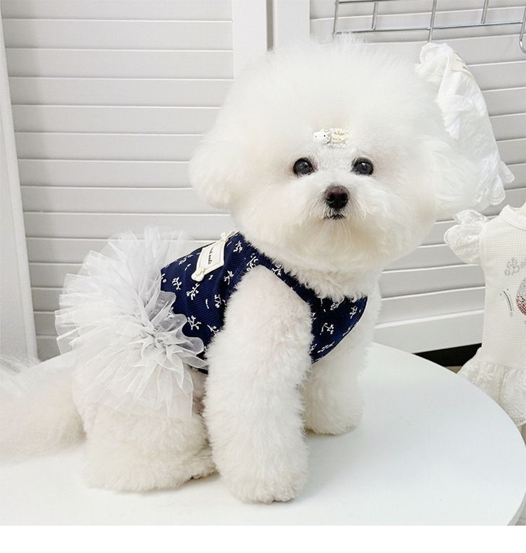Navy Floral Print Pet Sling Tutu Dress, Soft Ribbed Tank Top with Fluffy White Tulle Skirt, Summer Princess Outfit for Small Dogs & Kittens Maltese Bichon