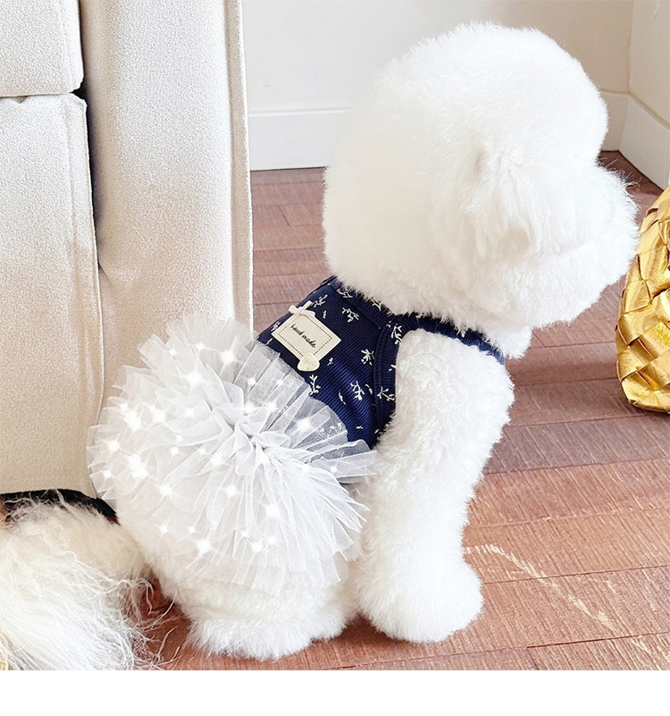 Navy Floral Print Pet Sling Tutu Dress, Soft Ribbed Tank Top with Fluffy White Tulle Skirt, Summer Princess Outfit for Small Dogs & Kittens Maltese Bichon