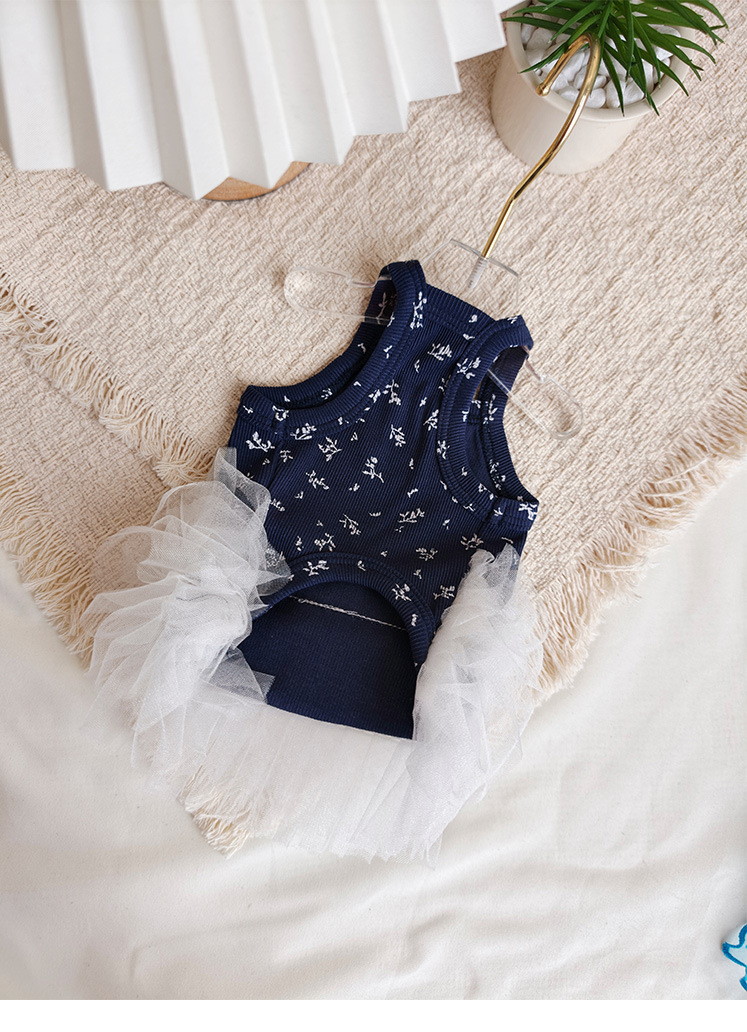 Navy Floral Print Pet Sling Tutu Dress, Soft Ribbed Tank Top with Fluffy White Tulle Skirt, Summer Princess Outfit for Small Dogs & Kittens Maltese Bichon