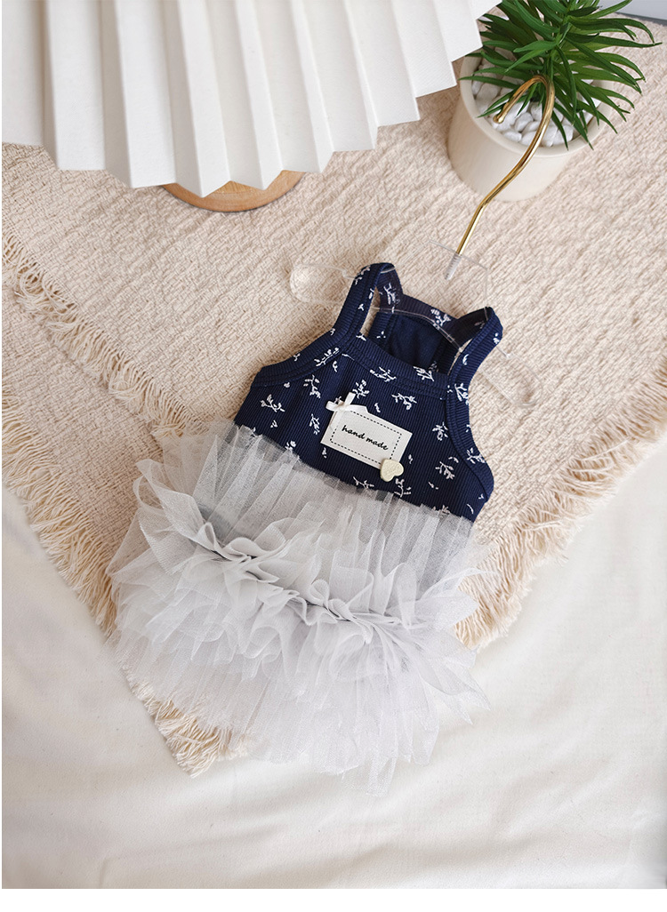 Navy Floral Print Pet Sling Tutu Dress, Soft Ribbed Tank Top with Fluffy White Tulle Skirt, Summer Princess Outfit for Small Dogs & Kittens Maltese Bichon