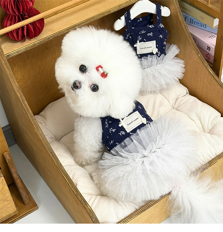 Navy Floral Print Pet Sling Tutu Dress, Soft Ribbed Tank Top with Fluffy White Tulle Skirt, Summer Princess Outfit for Small Dogs & Kittens Maltese Bichon
