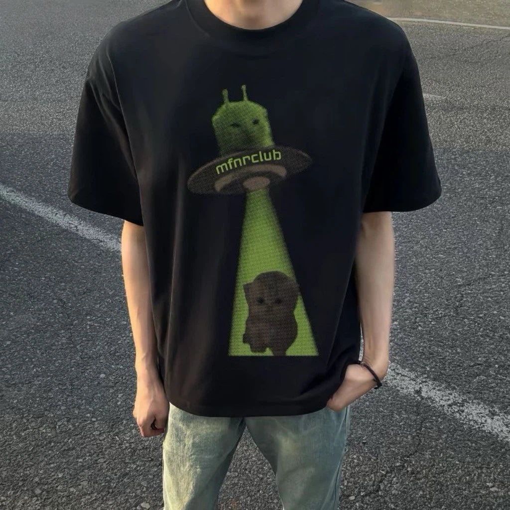 Cotton Alien Cat Print Short-Sleeve T-Shirt