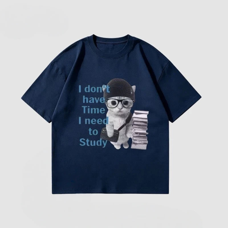 Reading Cat American Streetwear Short Sleeve T-Shirt