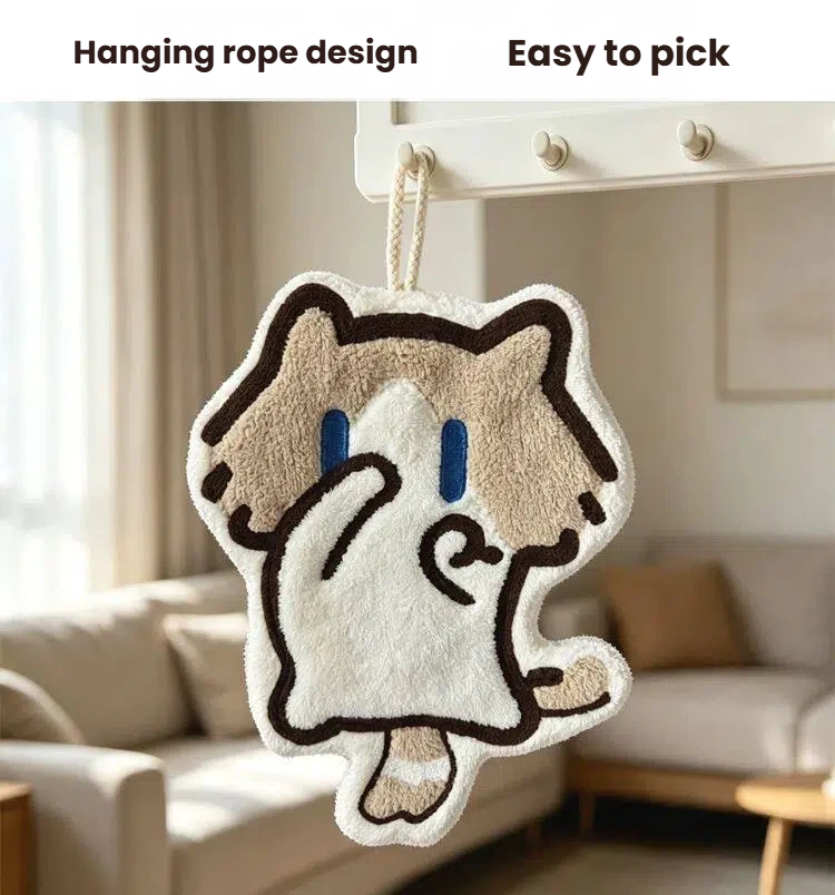 Salary Cat Hand Towel, Thickened Coral Fleece, Absorbent, Quick-Dry, Hanging Type