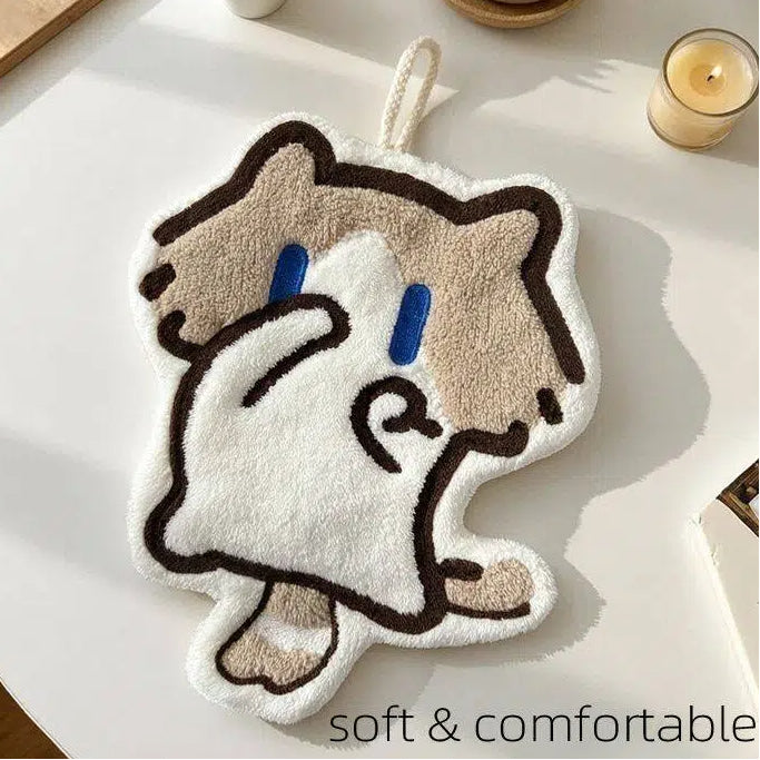 Salary Cat Hand Towel, Thickened Coral Fleece, Absorbent, Quick-Dry, Hanging Type