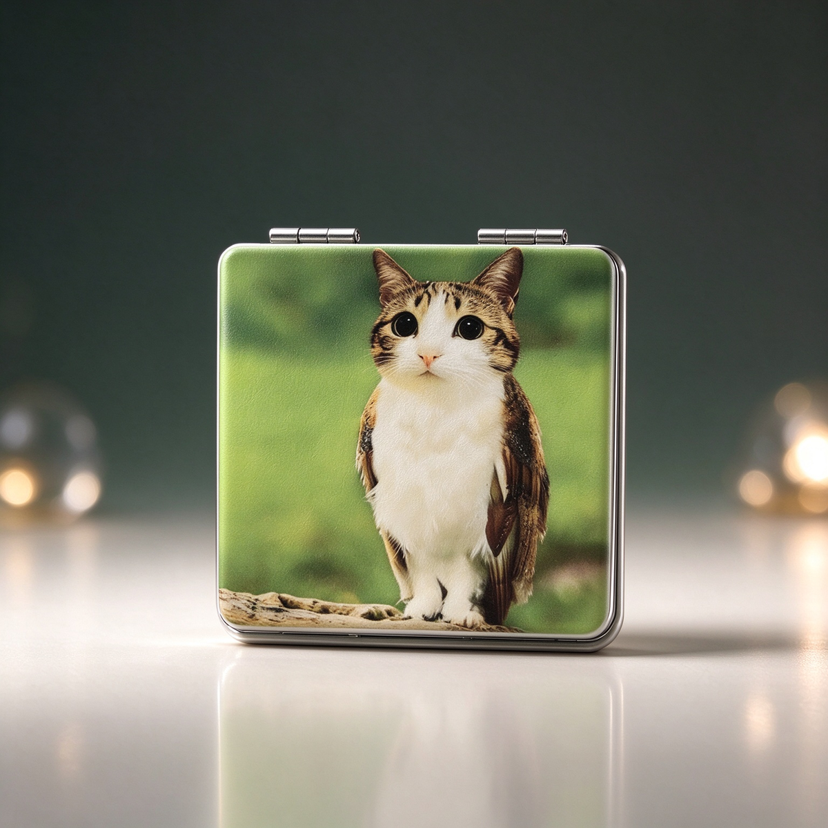 Meowl Portable Compact Mirror, Double Sided Printed Design