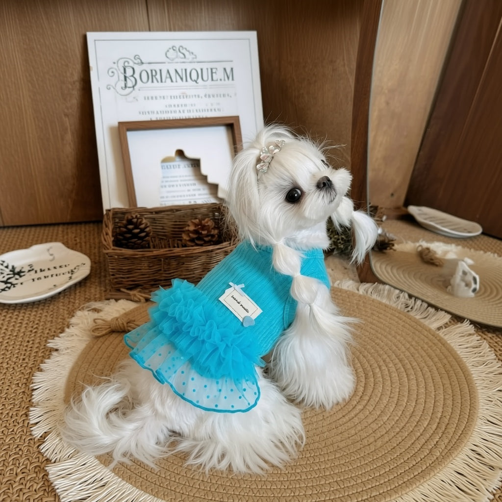 Sweet Blue Mesh Tutu Pet Dress, Soft Knit Princess Outfit for Small Puppies and Cats