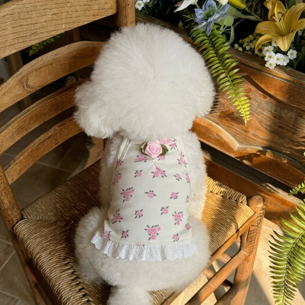 Cute Floral Sling Dog Tank Top with 3D Rose Lace Hem, Soft Breathable Pet Summer Vest for Small Dogs Maltese Bichon
