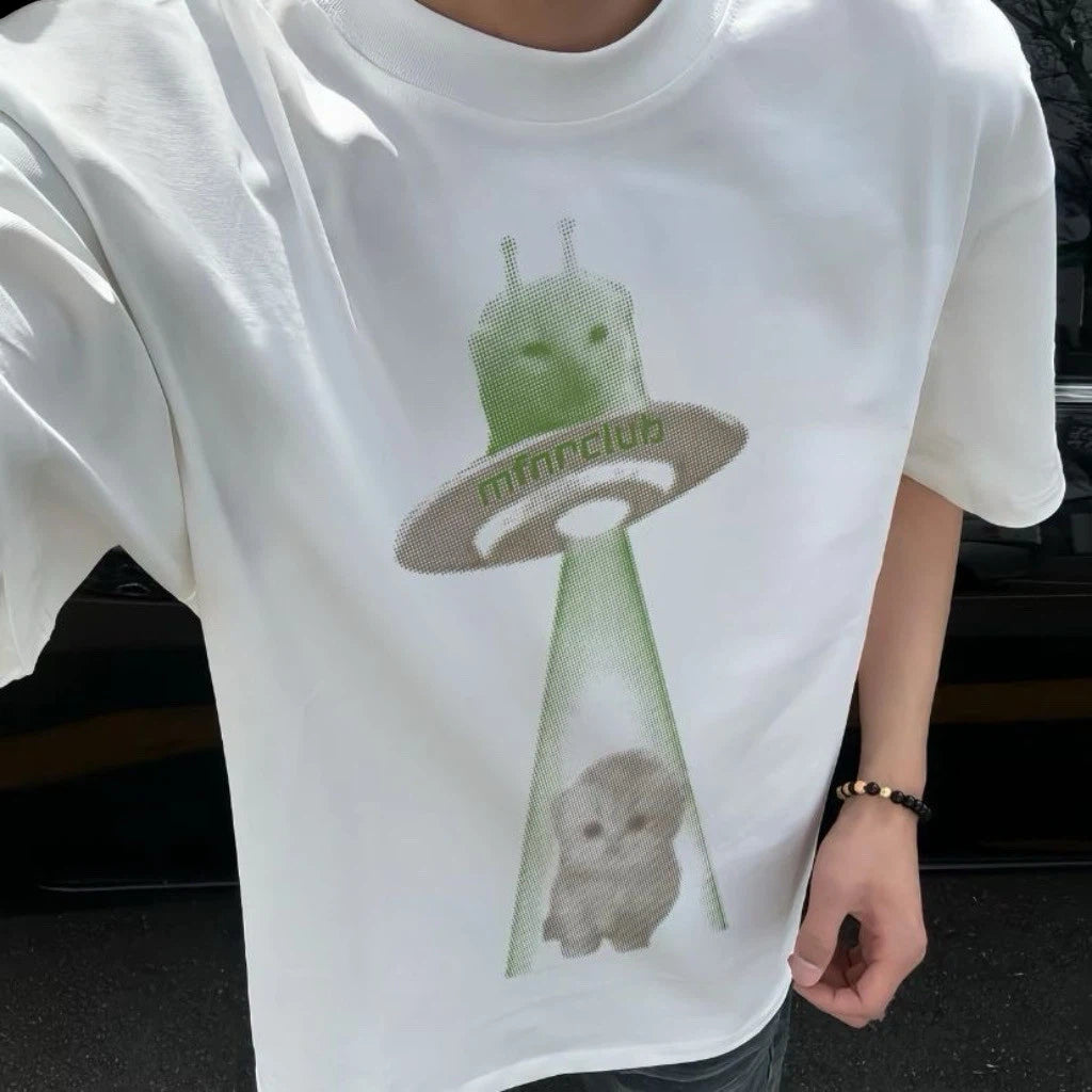 Cotton Alien Cat Print Short-Sleeve T-Shirt