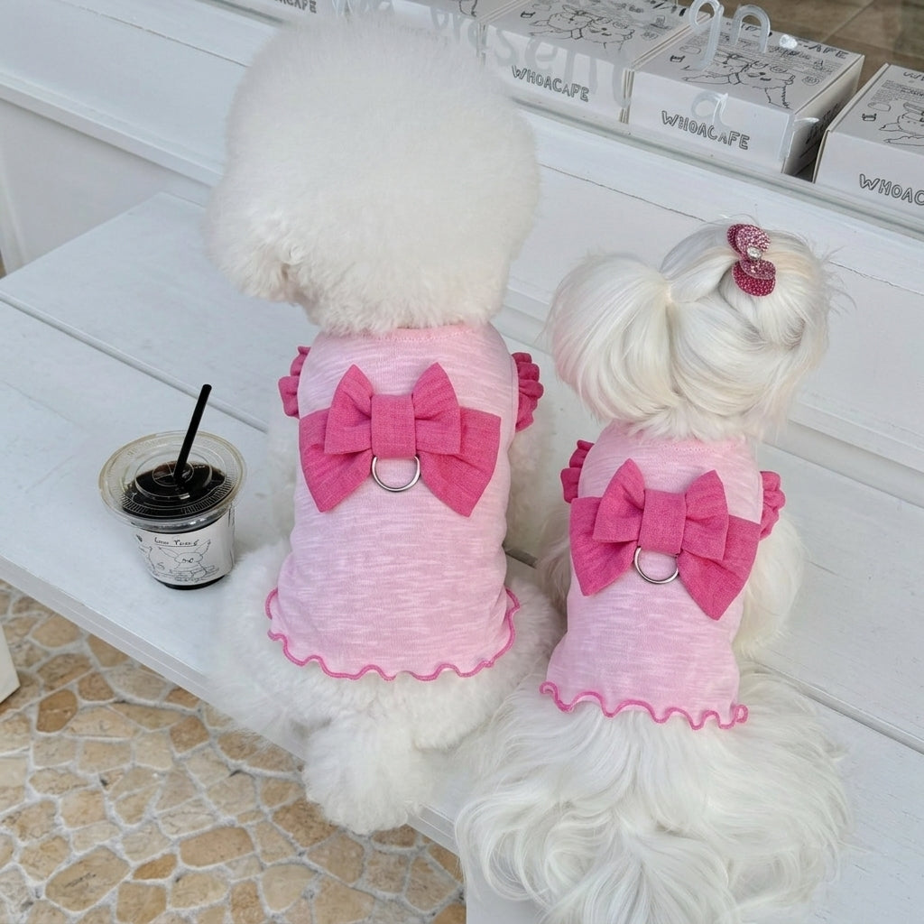 Cute Bow Ruffle Pet Sling Shirt with D-Ring, Lightweight Summer Clothes for Puppies and Small Cats