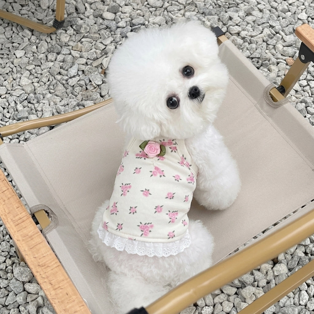 Cute Floral Sling Dog Tank Top with 3D Rose Lace Hem, Soft Breathable Pet Summer Vest for Small Dogs Maltese Bichon