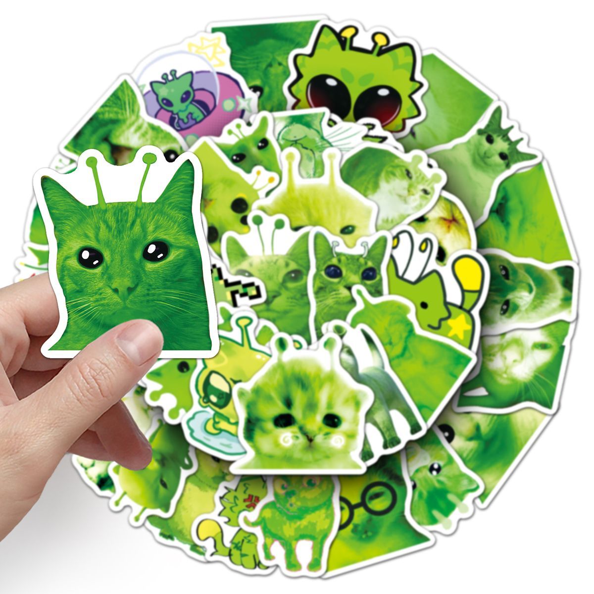 50 abstract alien little green cat stickers