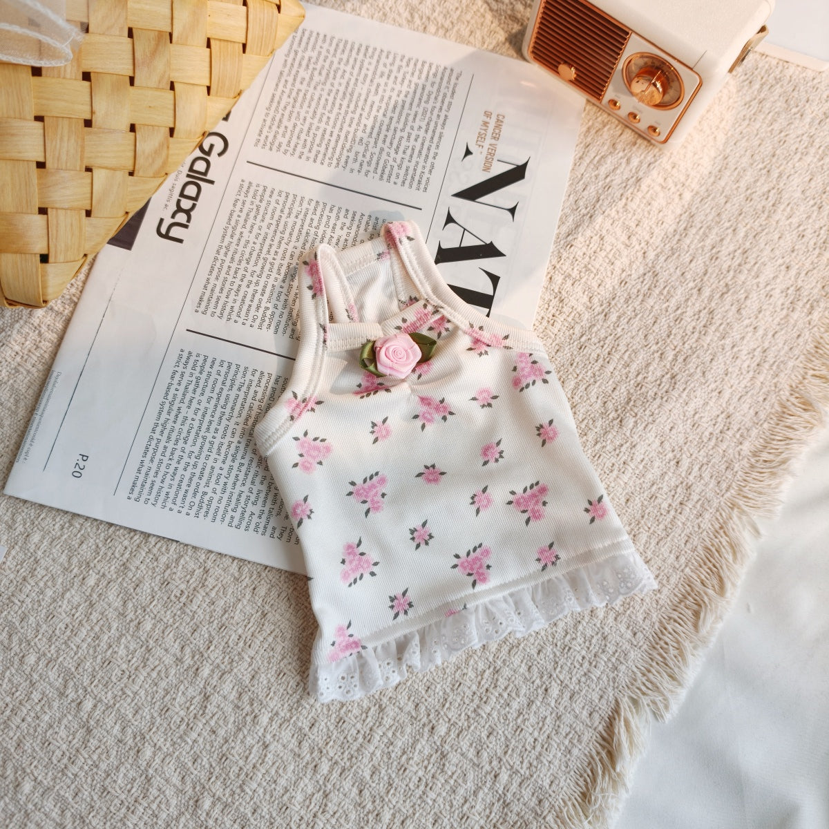 Cute Floral Sling Dog Tank Top with 3D Rose Lace Hem, Soft Breathable Pet Summer Vest for Small Dogs Maltese Bichon