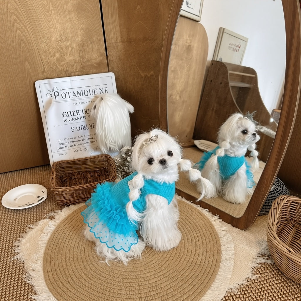 Sweet Blue Mesh Tutu Pet Dress, Soft Knit Princess Outfit for Small Puppies and Cats