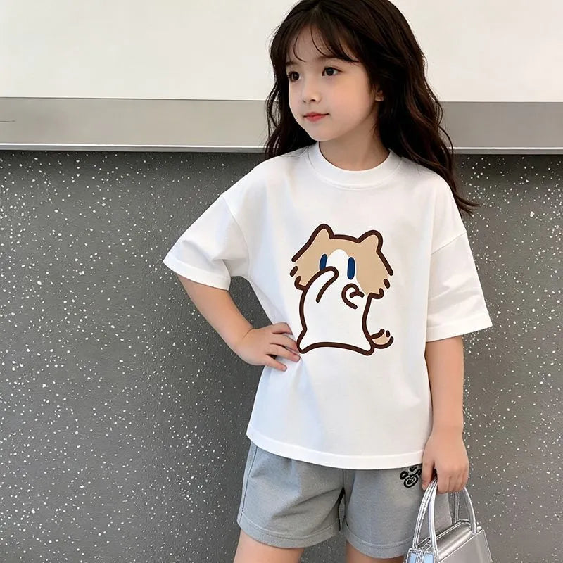 Monthly salary cat print top short sleeved summer girls' T-shirt