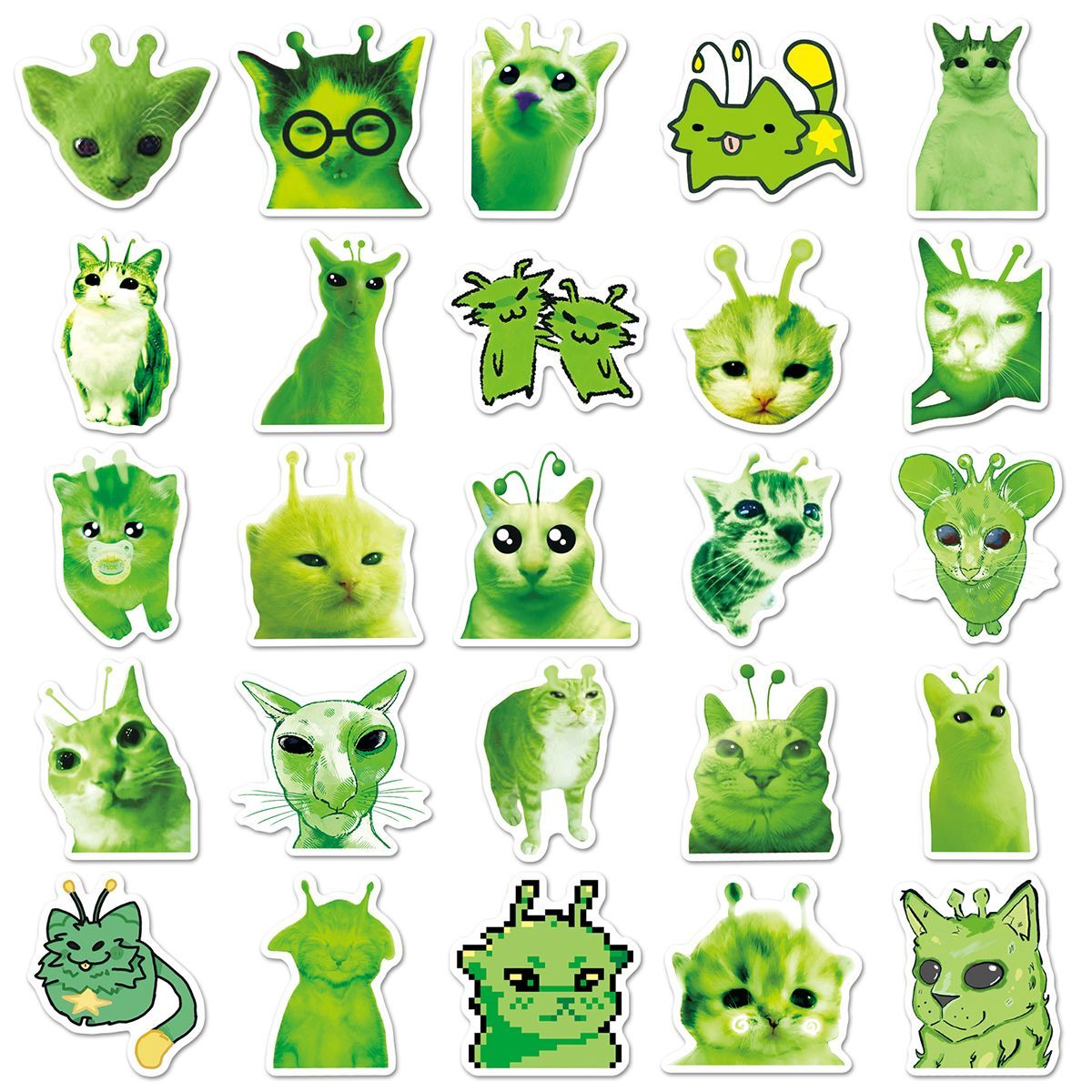 50 abstract alien little green cat stickers