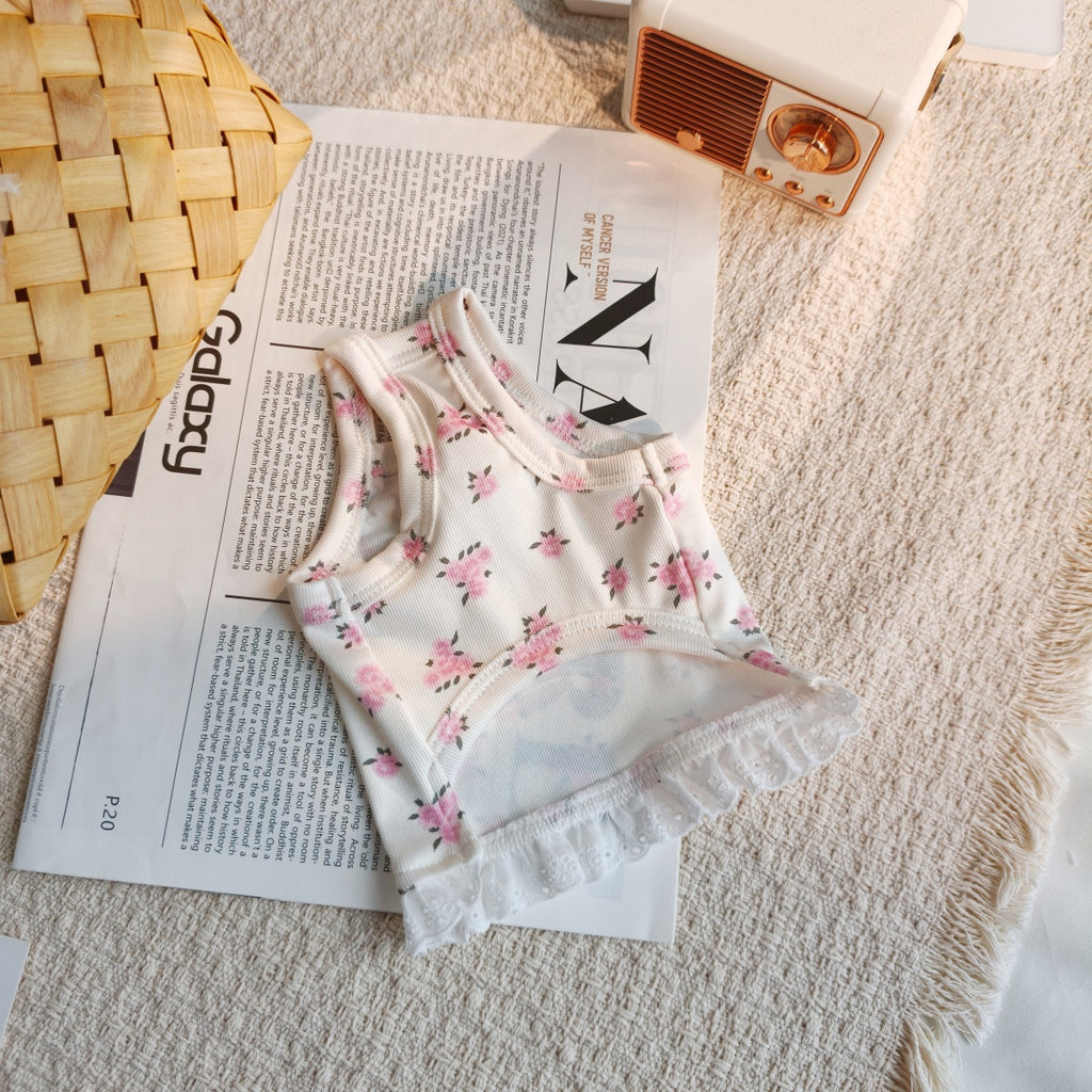 Cute Floral Sling Dog Tank Top with 3D Rose Lace Hem, Soft Breathable Pet Summer Vest for Small Dogs Maltese Bichon