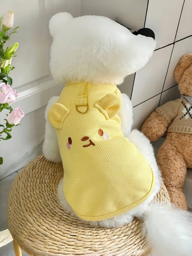 Yellow Bear Embroidery Waffle Dog Tank Top, Breathable Harness Sleeveless Pet Clothes Specially for French Bulldog, Only S/M/L Sizes