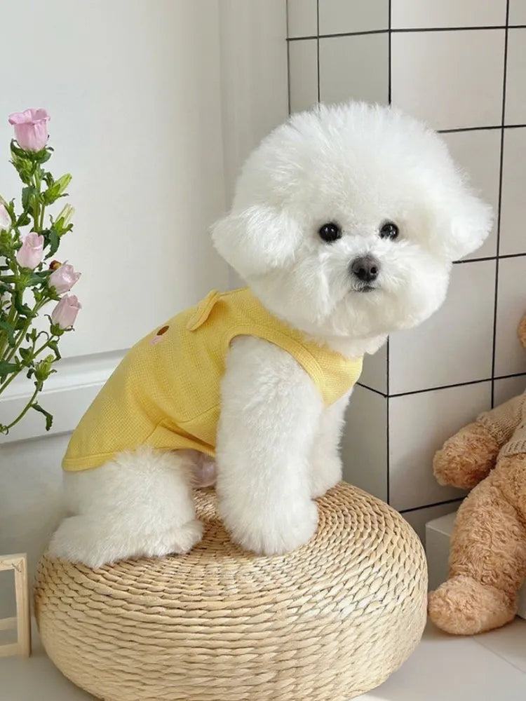 Yellow Bear Embroidery Waffle Dog Tank Top, Breathable Harness Sleeveless Pet Clothes Specially for French Bulldog, Only S/M/L Sizes