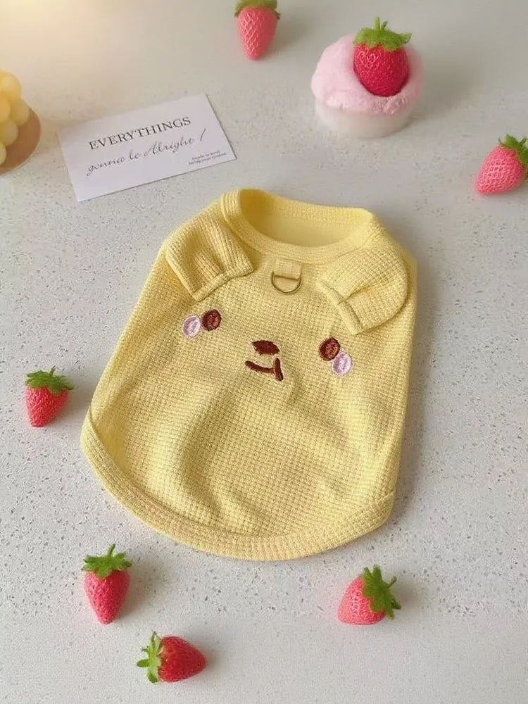 Yellow Bear Embroidery Waffle Dog Tank Top, Breathable Harness Sleeveless Pet Clothes Specially for French Bulldog, Only S/M/L Sizes
