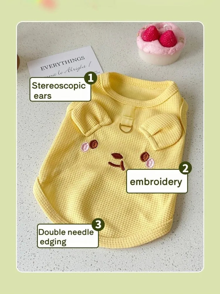 Yellow Bear Embroidery Waffle Dog Tank Top, Breathable Harness Sleeveless Pet Clothes Specially for French Bulldog, Only S/M/L Sizes