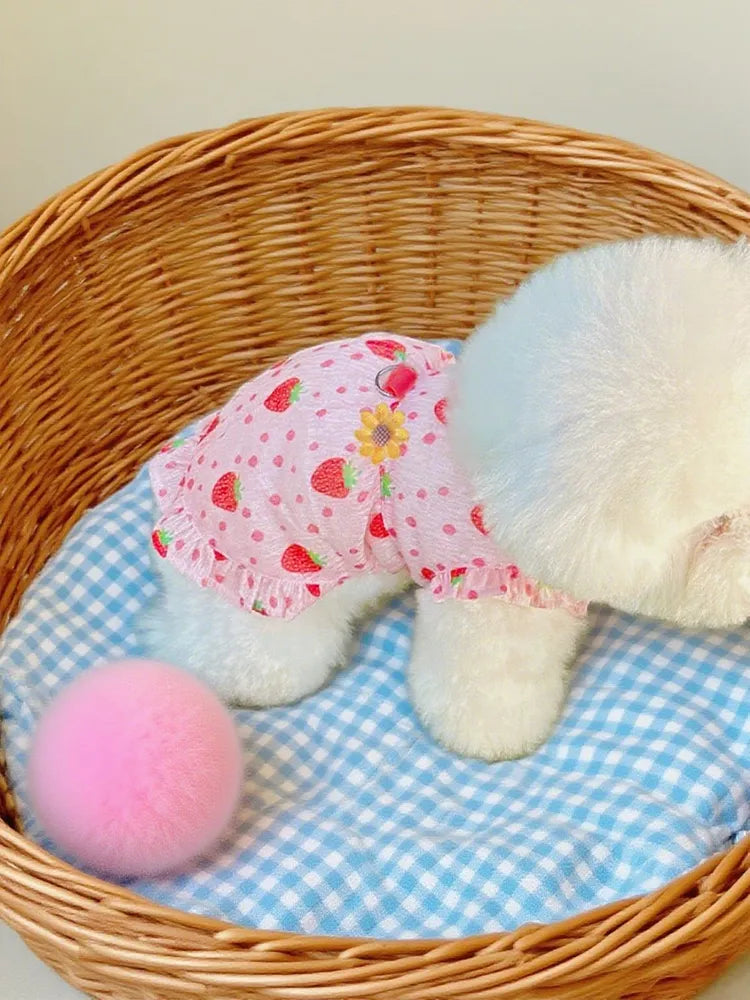 Strawberry Print Quick Dry Pet Dog Dress, Breathable Sun Protection Harness Skirt for Small Medium Dogs, Summer Outdoor Puppy Clothes